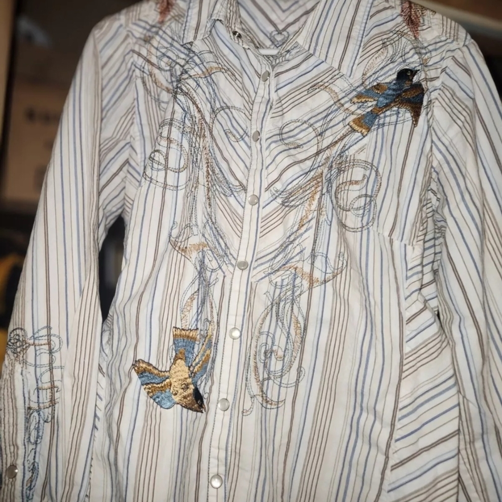 Striped Button-Up Shirt with Embroidered Birds